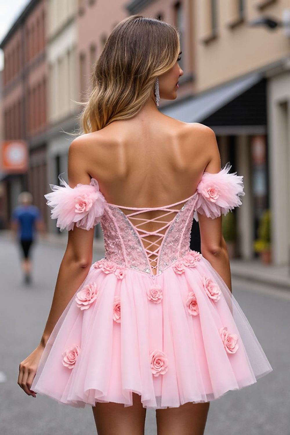 Floral Corset Blush Tulle Short Homecoming Dress with Appliques