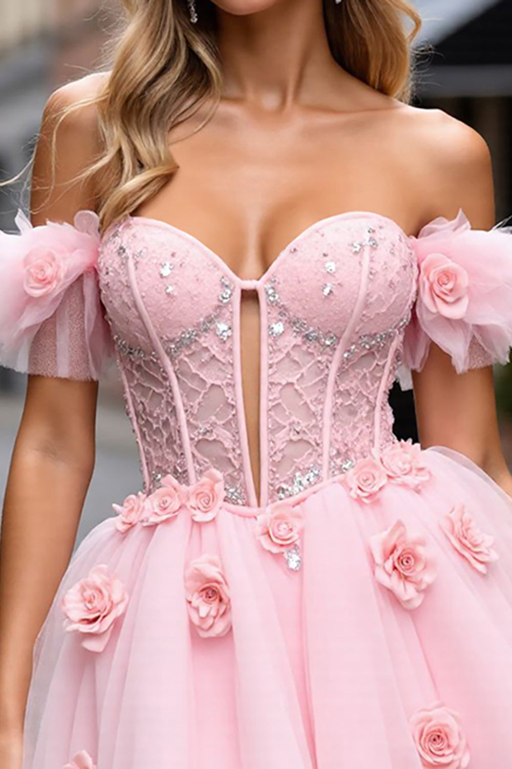 Floral Corset Blush Tulle Short Homecoming Dress with Appliques