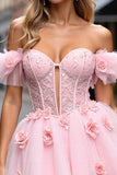 Floral Corset Blush Tulle Short Homecoming Dress with Appliques