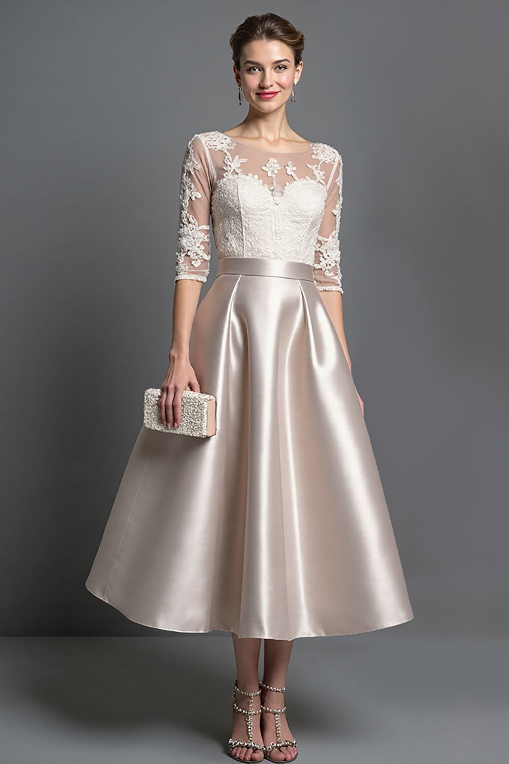 Apricot Half Sleeves Satin A Line Long Mother Of The Bride Dress With Lace