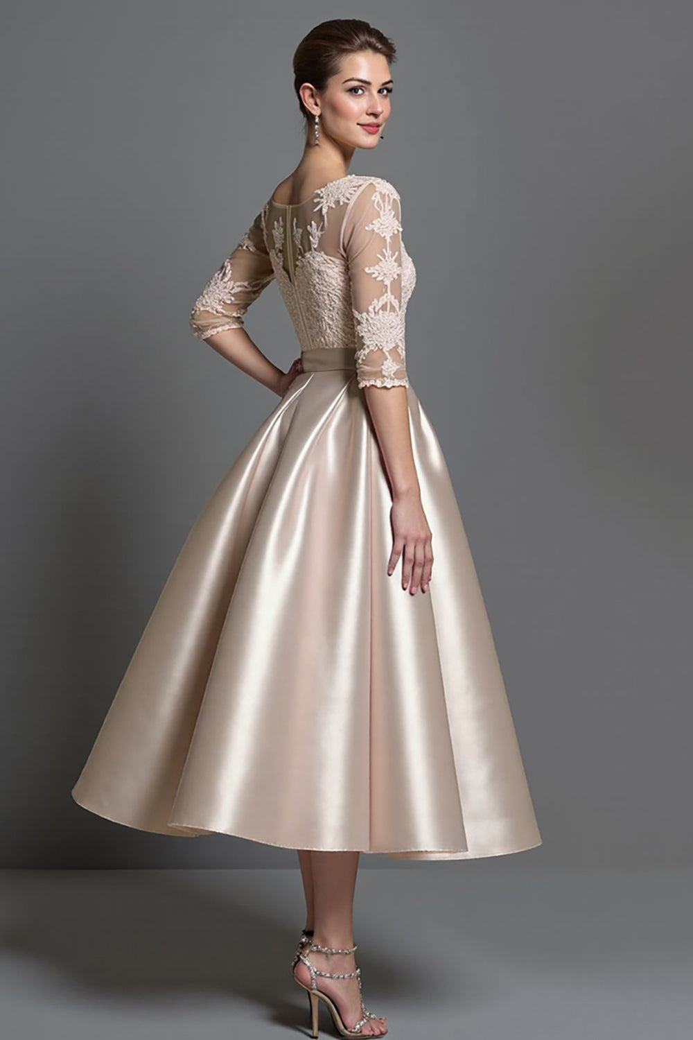 Apricot Half Sleeves Satin A Line Long Mother Of The Bride Dress With Lace