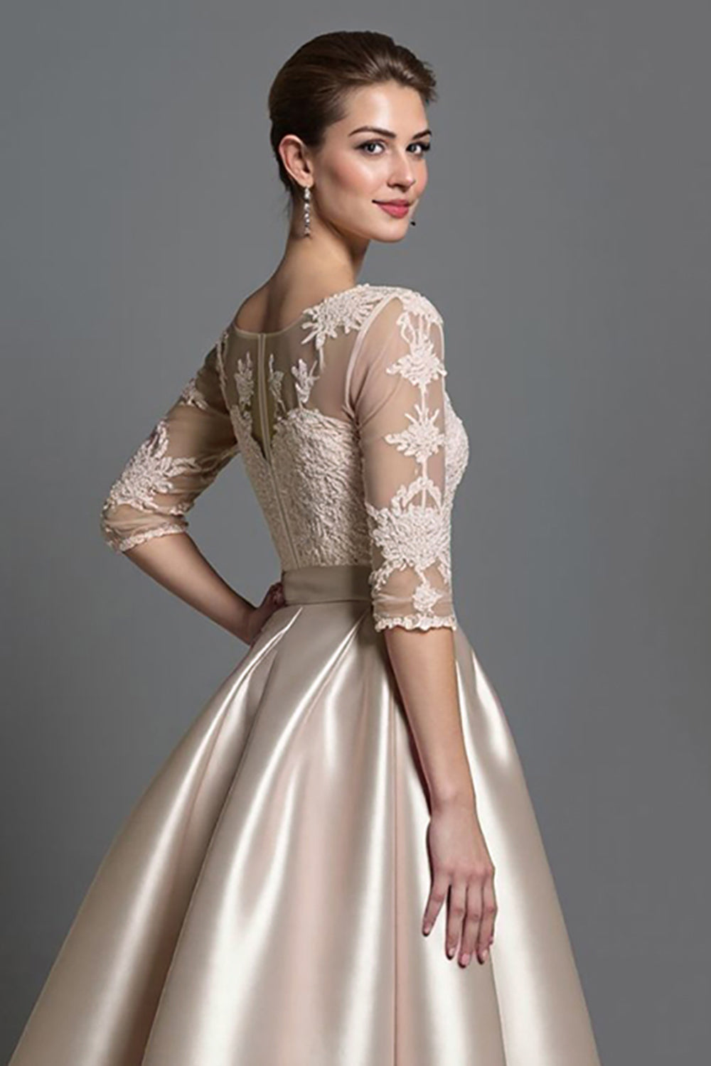 Apricot Half Sleeves Satin A Line Long Mother Of The Bride Dress With Lace