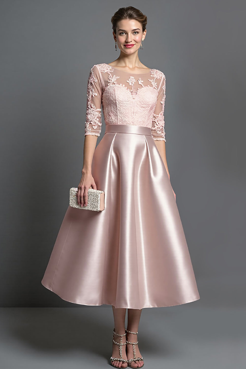 Apricot Half Sleeves Satin A Line Long Mother Of The Bride Dress With Lace