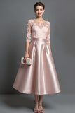 Apricot Half Sleeves Satin A Line Long Mother Of The Bride Dress With Lace