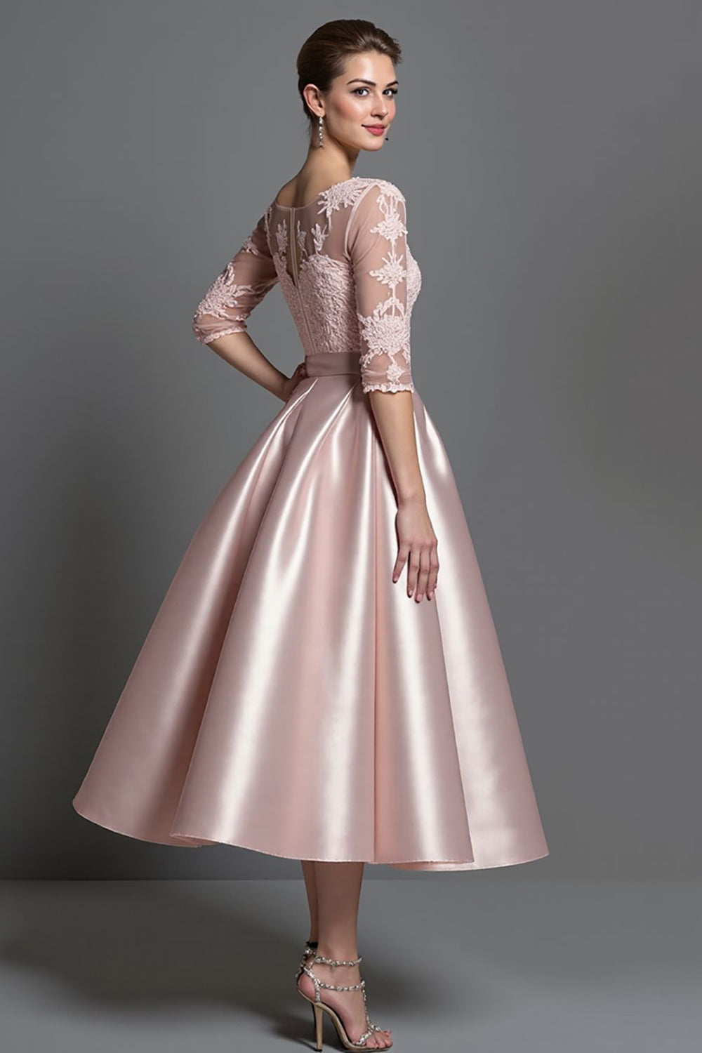 Apricot Half Sleeves Satin A Line Long Mother Of The Bride Dress With Lace