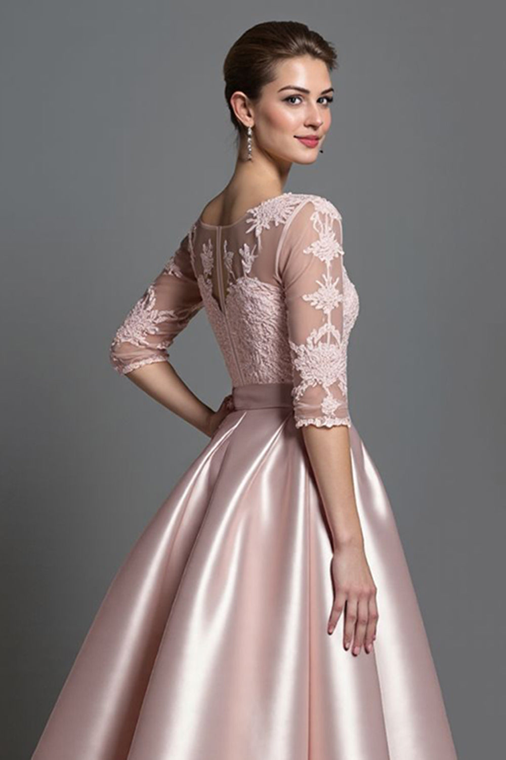 Apricot Half Sleeves Satin A Line Long Mother Of The Bride Dress With Lace