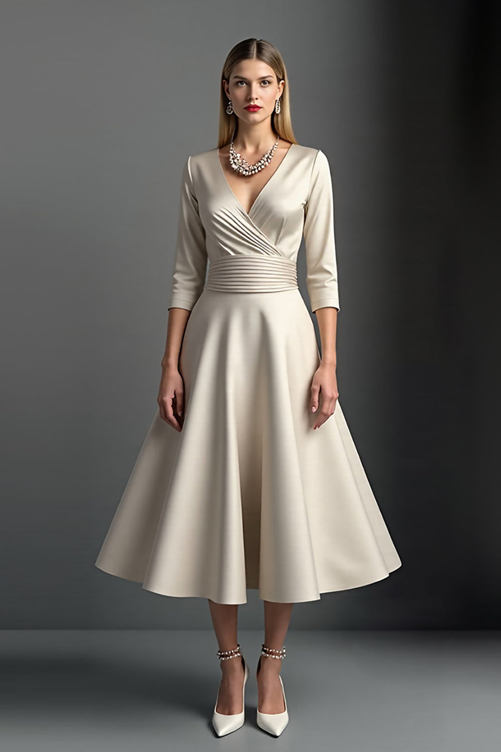 Satin Apricot A Line V Neck Long Mother Of The Bride Dress