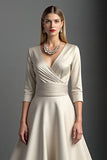 Satin Apricot A Line V Neck Long Mother Of The Bride Dress