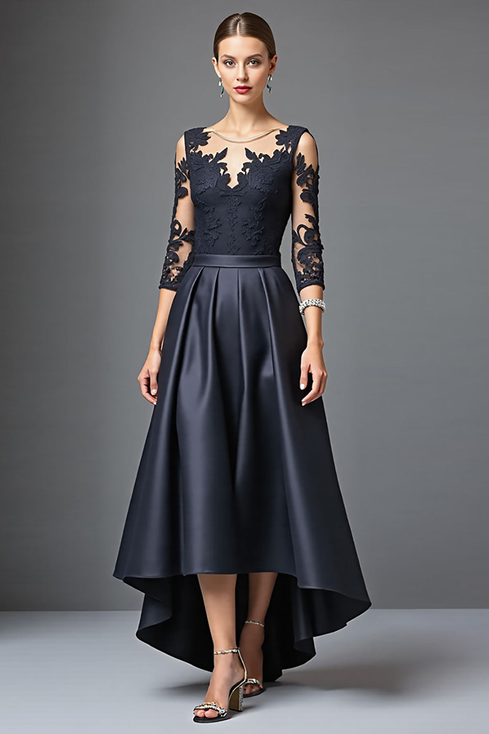 Navy 3/4 Sleeves High-Low A Line Mother Of The Bride Dress With Lace