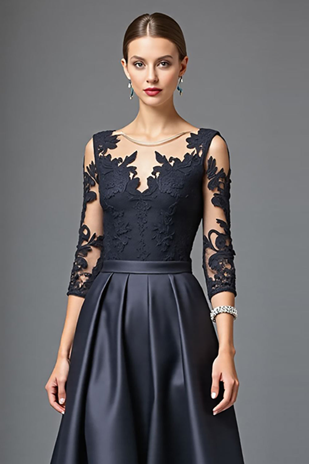 Navy 3/4 Sleeves High-Low A Line Mother Of The Bride Dress With Lace