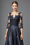 Navy 3/4 Sleeves High-Low A Line Mother Of The Bride Dress With Lace