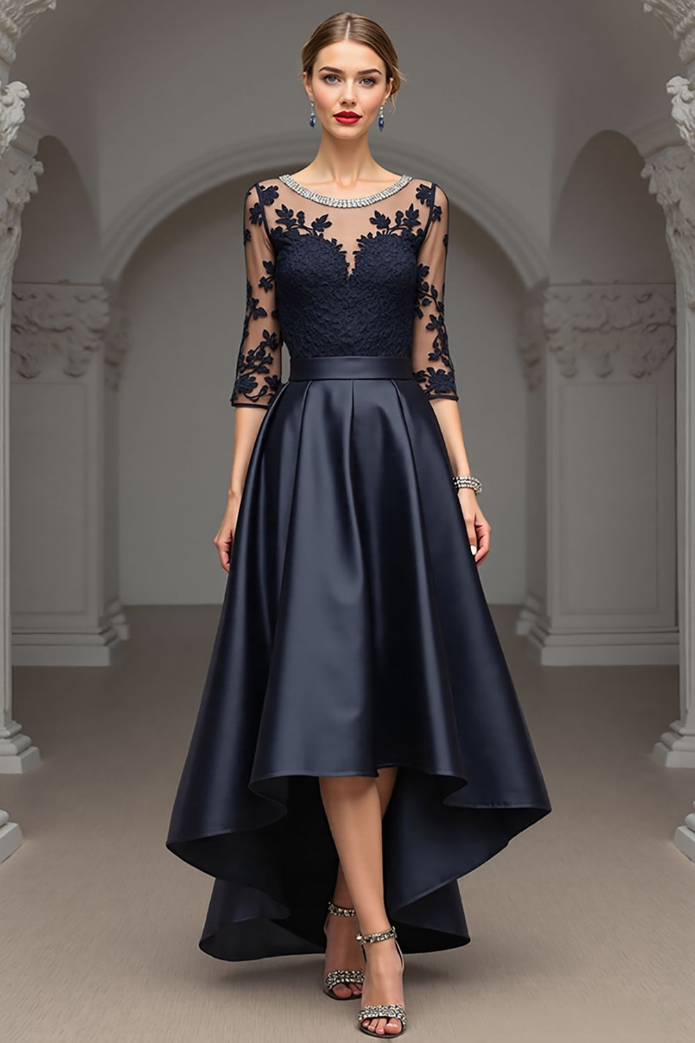 Sparkly Navy A Line High-Low 3/4 Sleeves Mother Of The Bride Dress With Lace