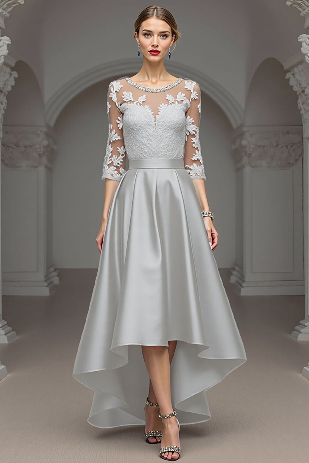 Sparkly Navy A Line High-Low 3/4 Sleeves Mother Of The Bride Dress With Lace
