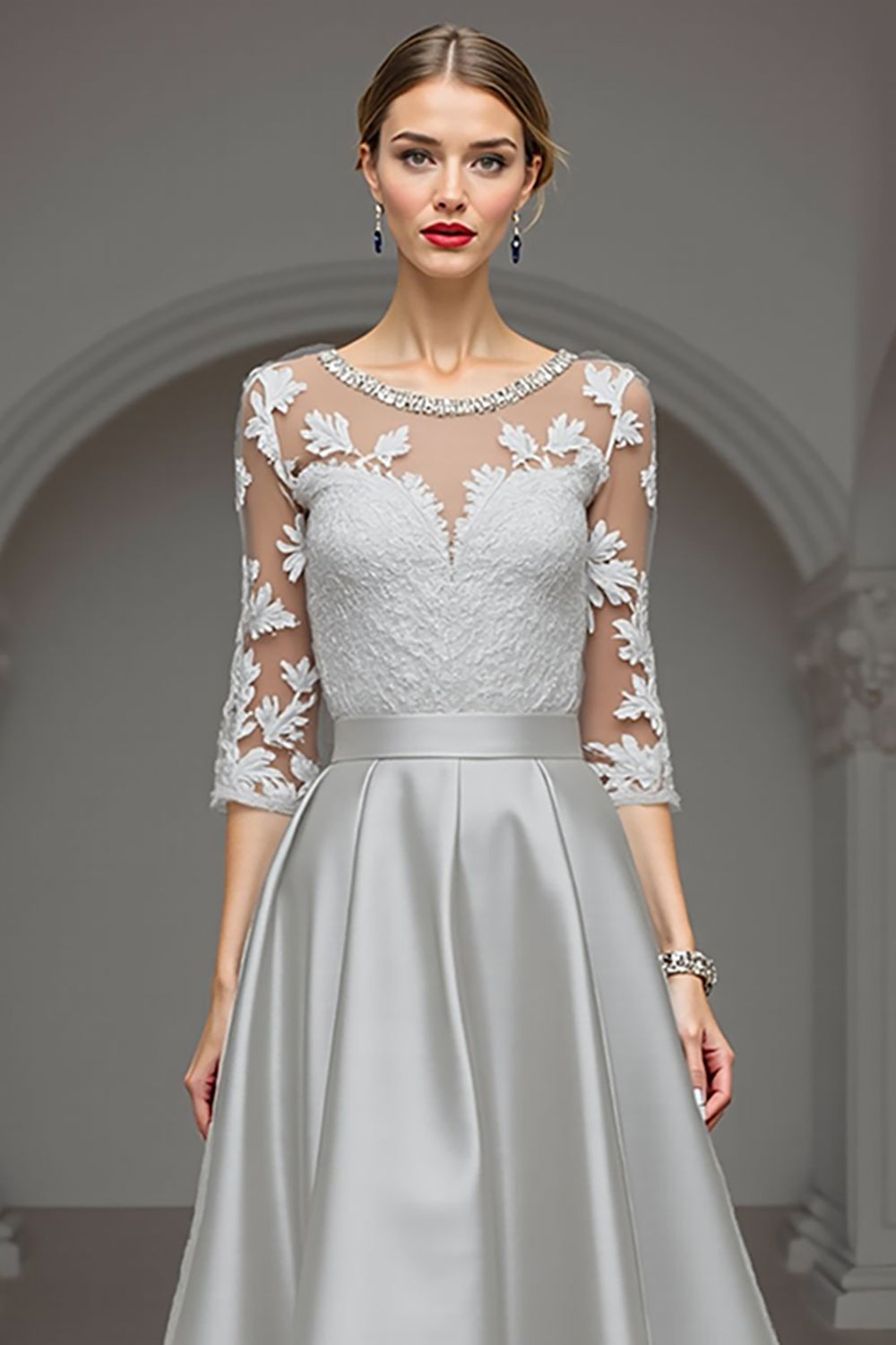 Sparkly Navy A Line High-Low 3/4 Sleeves Mother Of The Bride Dress With Lace