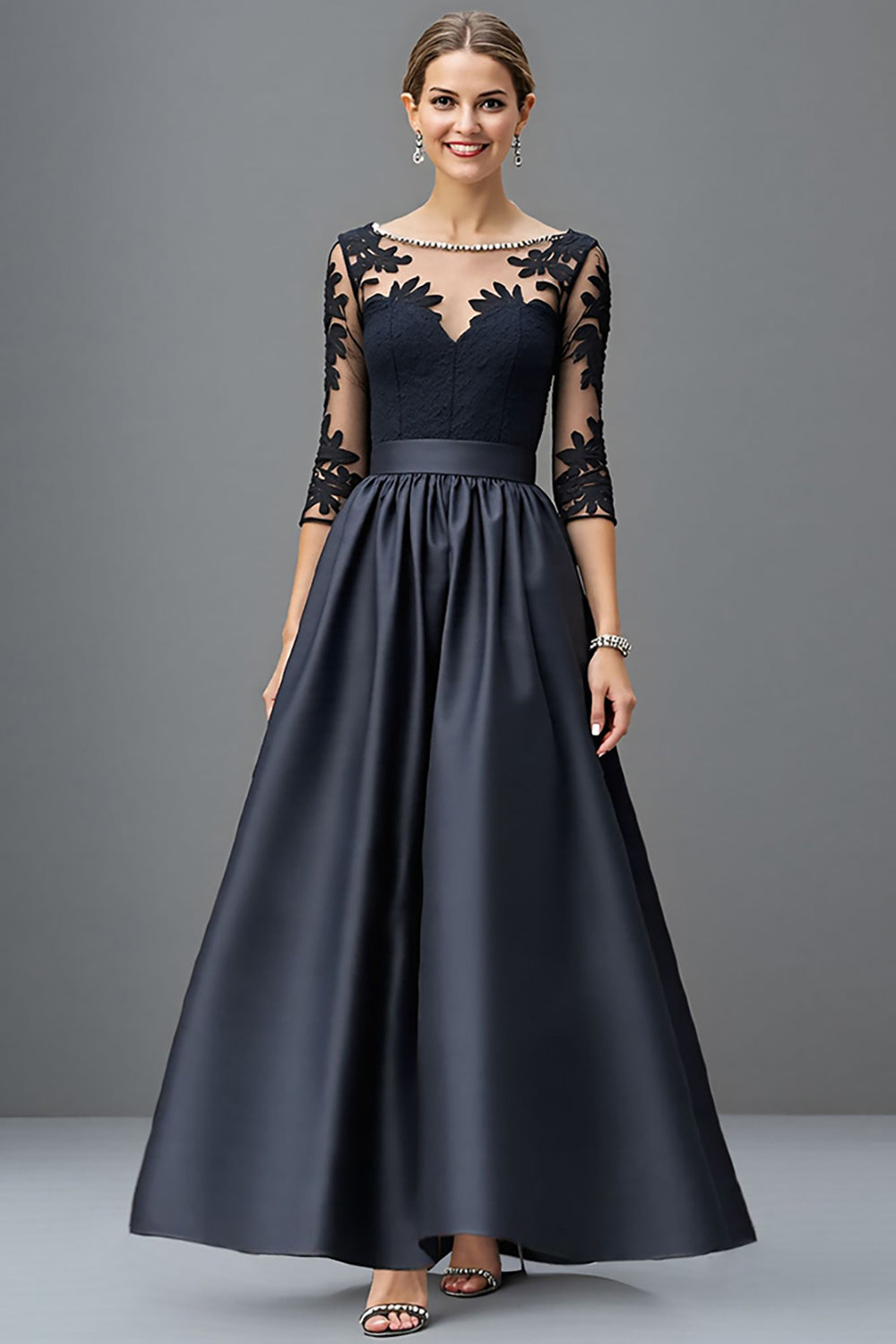 Sparkly Navy A Line 3/4 Sleeves Beaded Long Mother Of The Bride Dress With Lace
