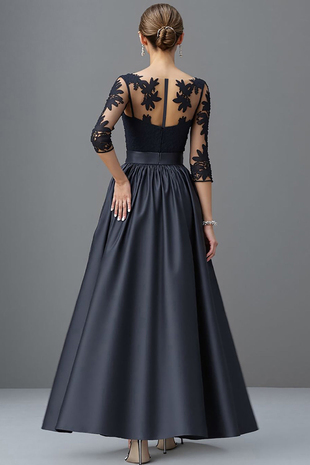 Sparkly Navy A Line 3/4 Sleeves Beaded Long Mother Of The Bride Dress With Lace