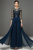 Navy Chiffon 3/4 Sleeves Long Mother Of The Bride Jumpsuit With Streamer