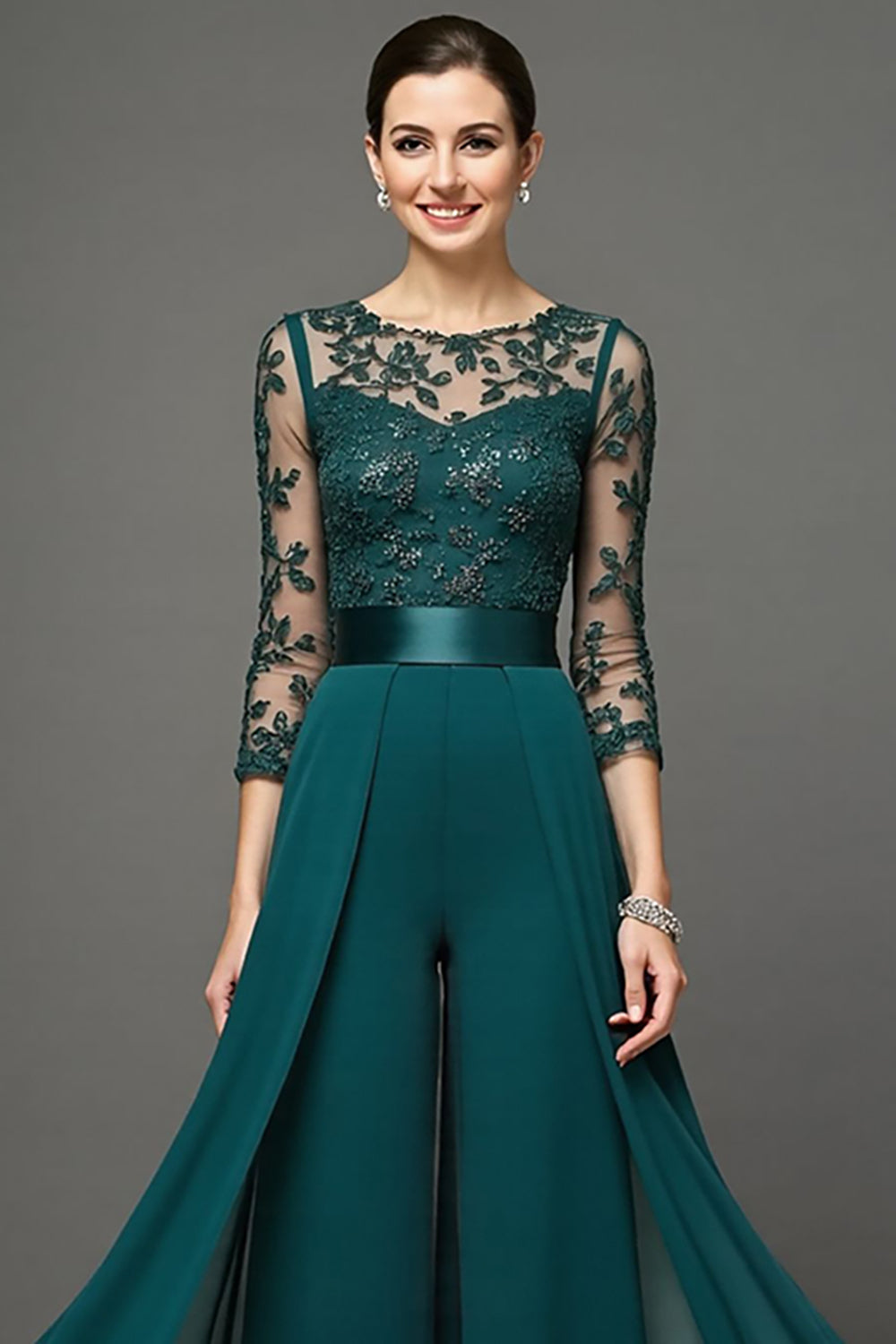 Navy Chiffon 3/4 Sleeves Long Mother Of The Bride Jumpsuit With Streamer