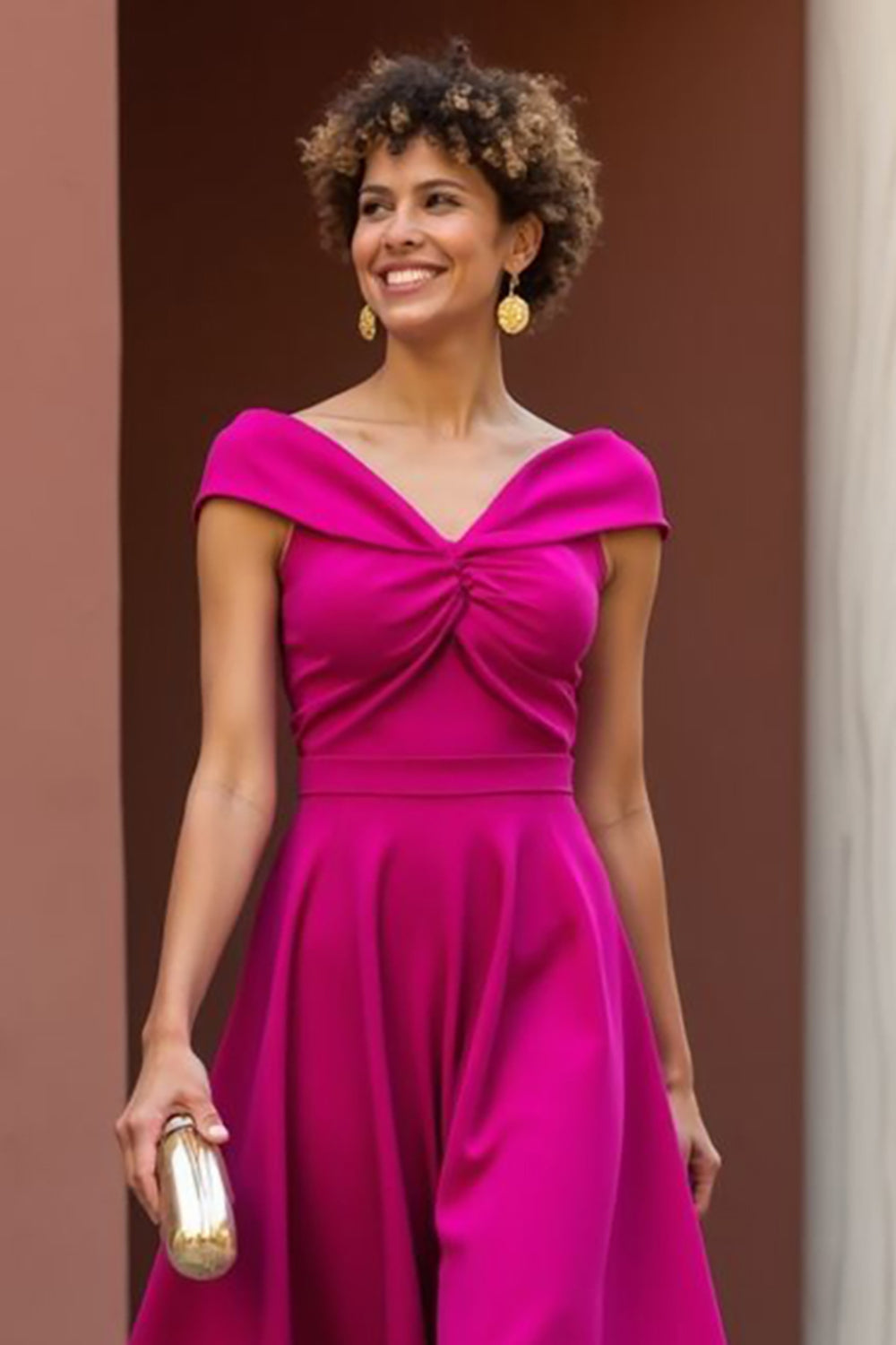 Fuchsia V-Neck A Line Long Mother Of The Bride Dress