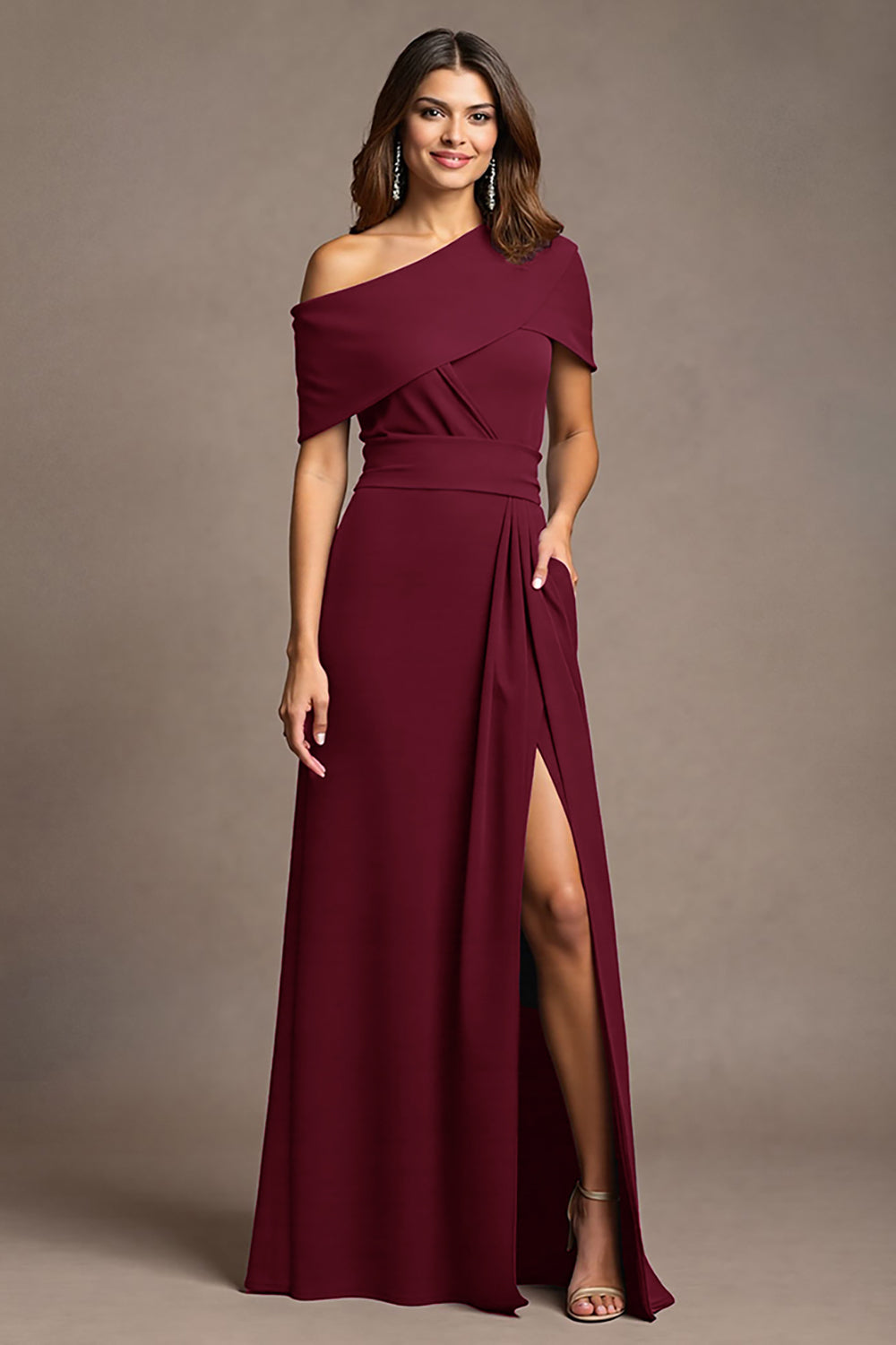 Burgundy One Shoulder A Line Long Mother Of The Bride Dress With Slit