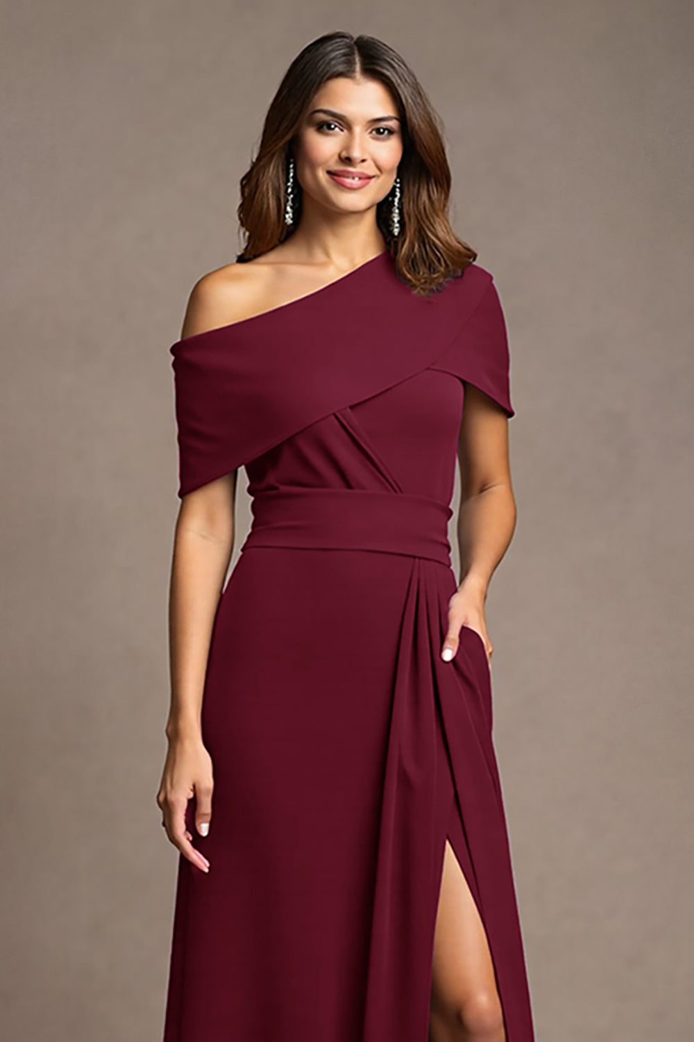 Burgundy One Shoulder A Line Long Mother Of The Bride Dress With Slit