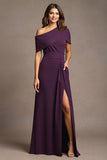 Burgundy One Shoulder A Line Long Mother Of The Bride Dress With Slit