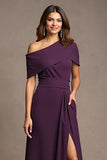 Burgundy One Shoulder A Line Long Mother Of The Bride Dress With Slit