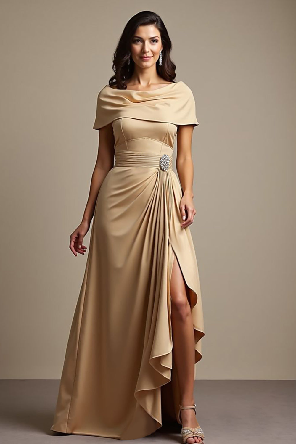 Champagne Off The Shoulder Ruched A Line Ruffled Long Mother Of The Bride Dress