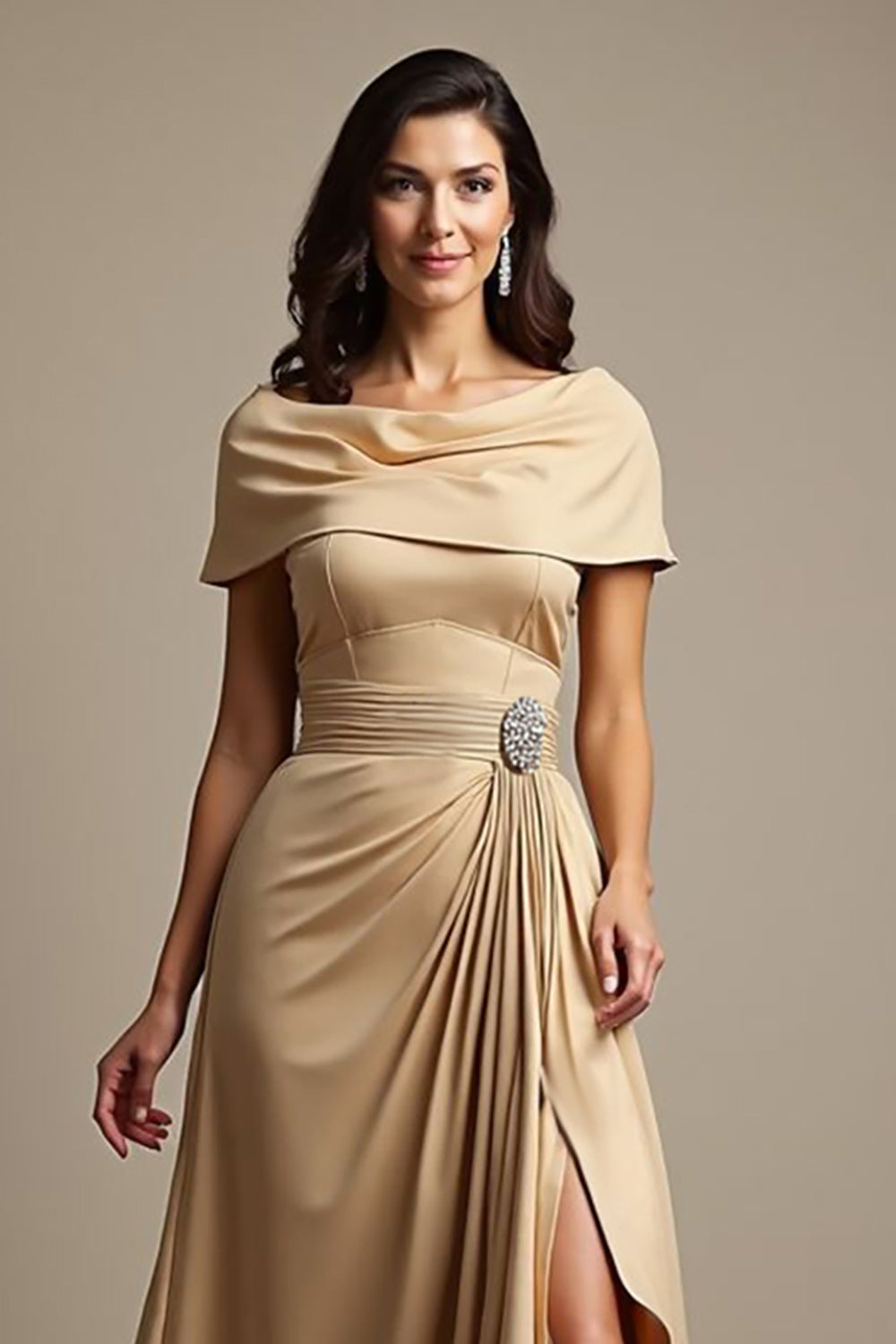 Champagne Off The Shoulder Ruched A Line Ruffled Long Mother Of The Bride Dress