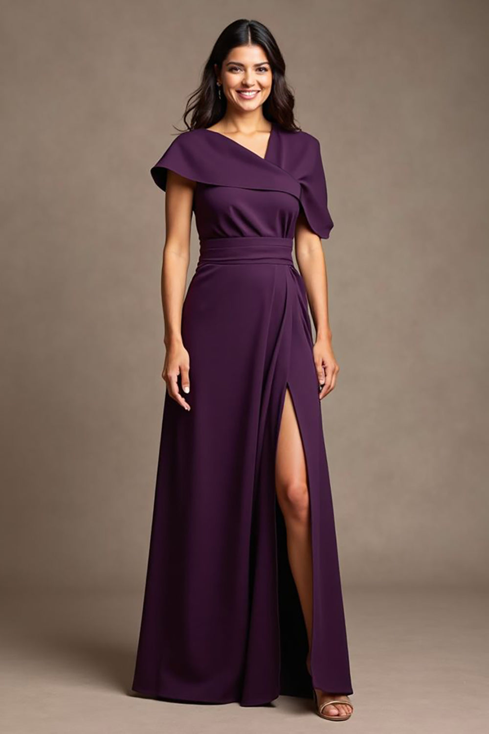 Grape A Line V-Neck Short Sleeves Long Mother Of The Bride Dress With Slit
