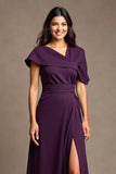 Grape A Line V-Neck Short Sleeves Long Mother Of The Bride Dress With Slit