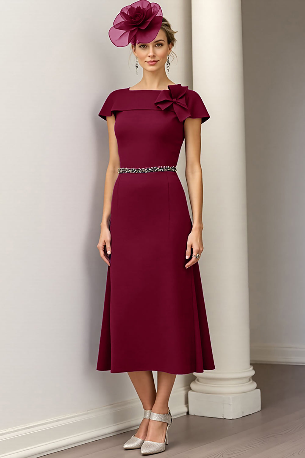 Sparkly Burgundy Floral A Line Long Mother Of The Bride Dress with Beading