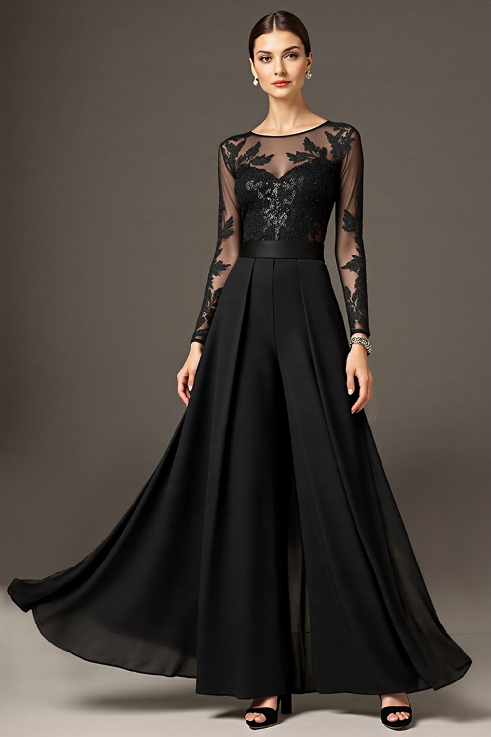 Sparkly Black Long Sleeve A Line Mother Of The Bride Pant Suits With Lace