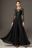 Sparkly Black Long Sleeve A Line Mother Of The Bride Pant Suits With Lace