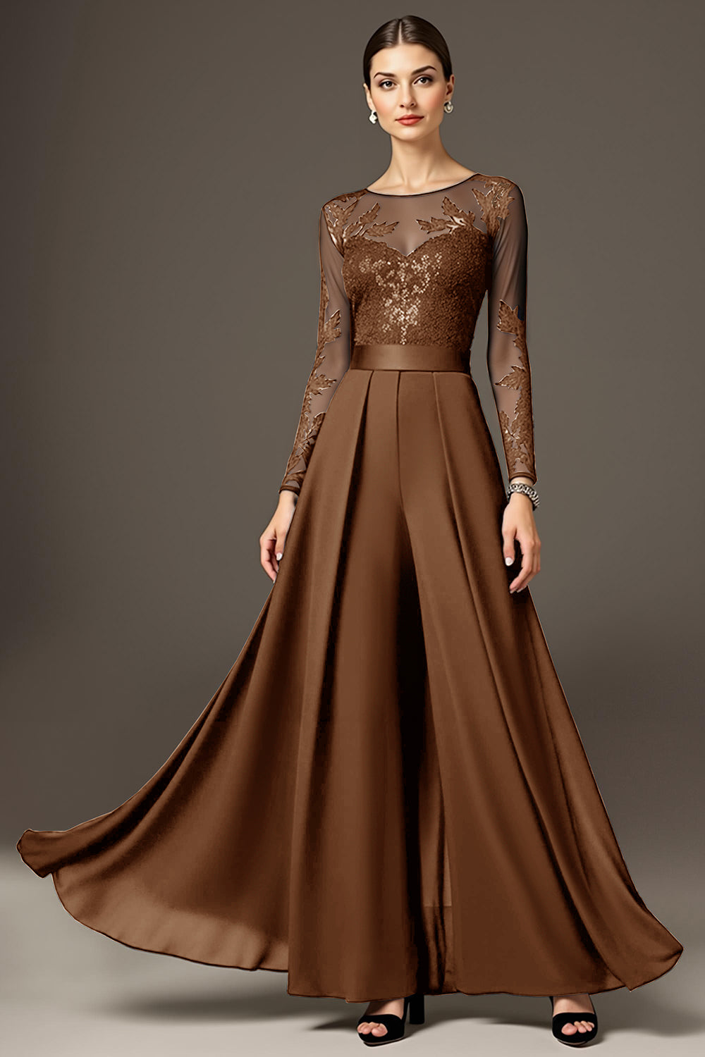 Sparkly Black Long Sleeve A Line Mother Of The Bride Pant Suits With Lace