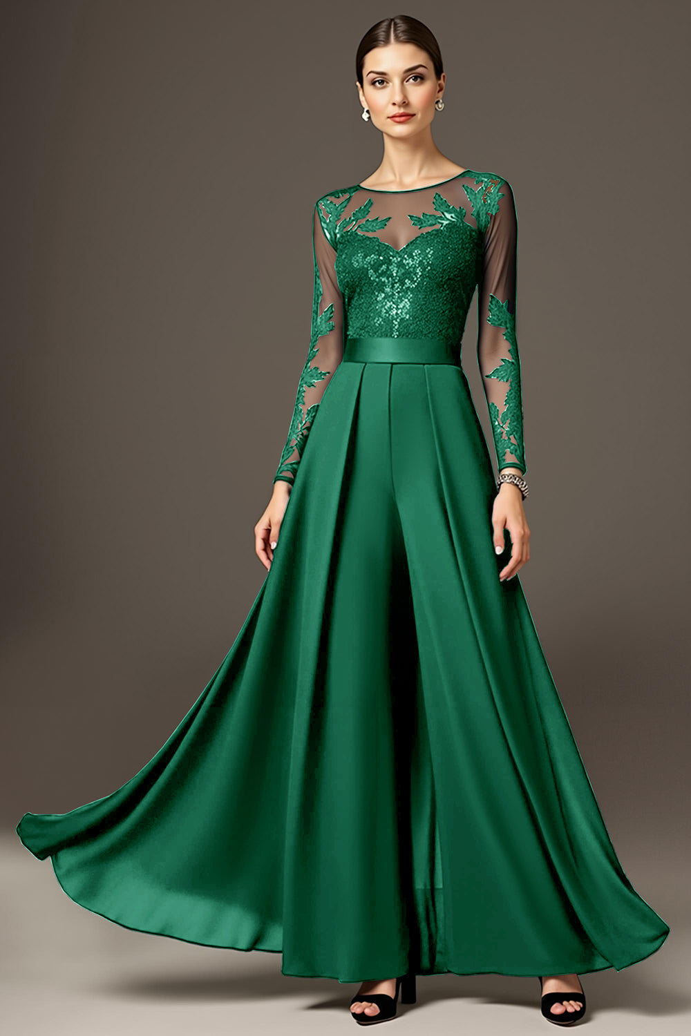 Sparkly Black Long Sleeve A Line Mother Of The Bride Pant Suits With Lace