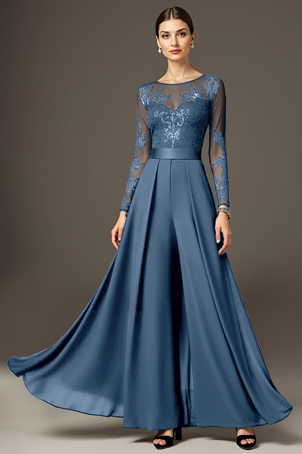 Sparkly Black Long Sleeve A Line Mother Of The Bride Pant Suits With Lace