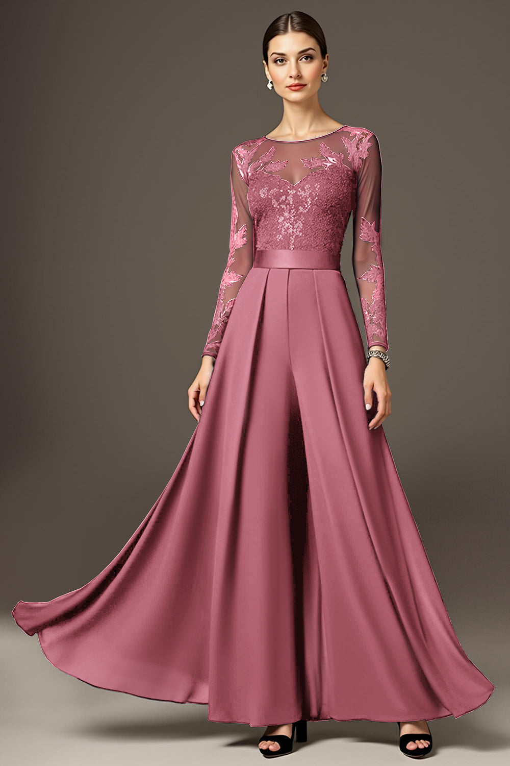 Sparkly Black Long Sleeve A Line Mother Of The Bride Pant Suits With Lace