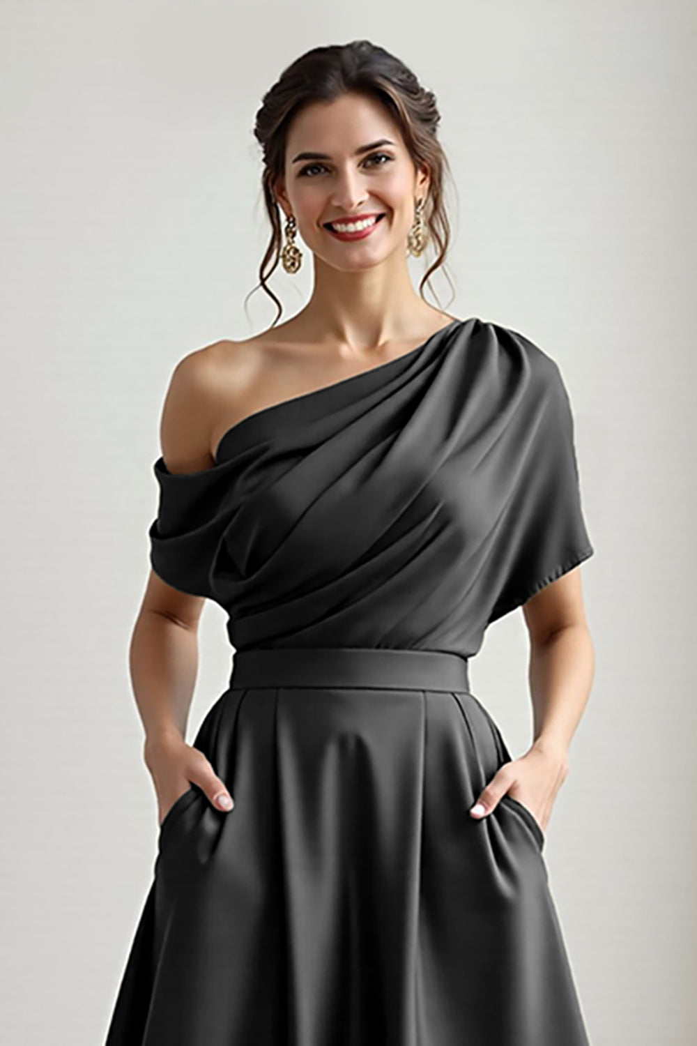 Black Satin A Line One Shoulder Long Mother Of The Bride Dress With Pockets