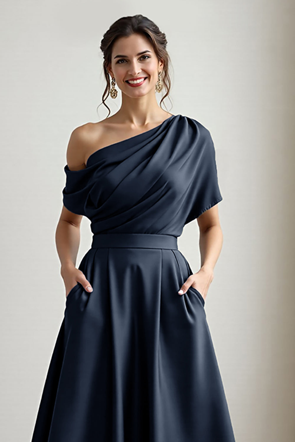 Black Satin A Line One Shoulder Long Mother Of The Bride Dress With Pockets