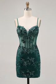 Sparkly Dark Green Bodycon Backless Corset Short Cocktail Dress with Sequins