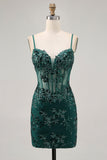 Sparkly Sequins Dark Green Bodycon Backless Corset Homecoming Dress
