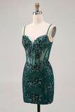 Sparkly Dark Green Bodycon Backless Corset Short Cocktail Dress with Sequins