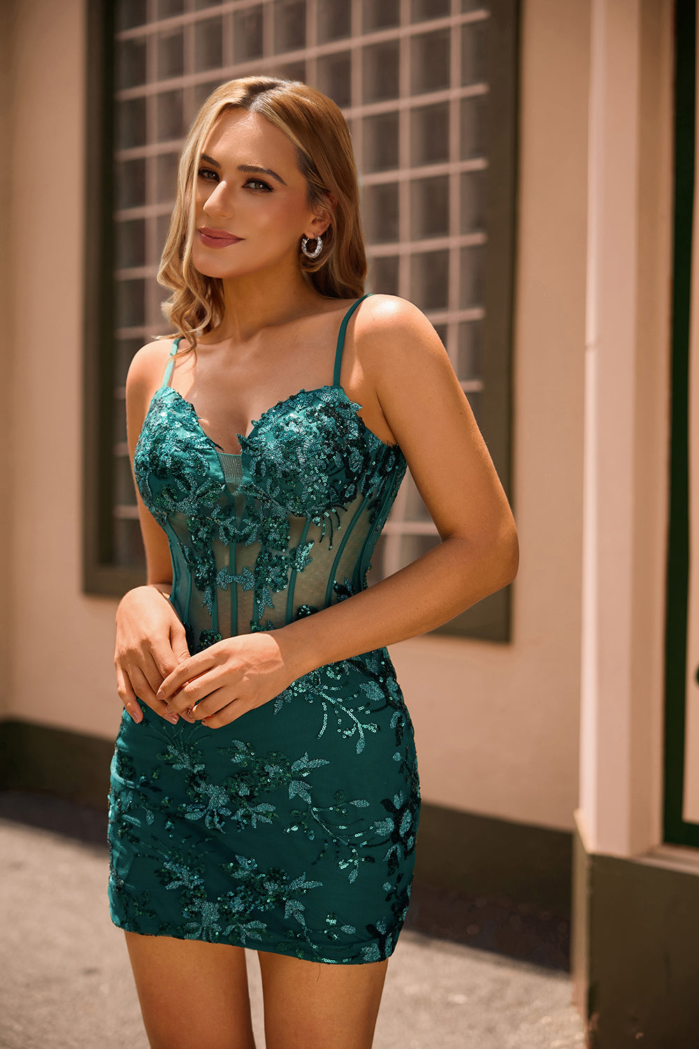Sparkly Sequins Dark Green Bodycon Backless Corset Homecoming Dress