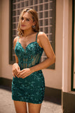 Sparkly Sequins Dark Green Bodycon Backless Corset Homecoming Dress
