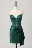 Sparkly Dark Green Bodycon Short Corset Cocktail Dress with Side Cape