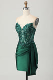 Sparkly Dark Green Bodycon Short Corset Cocktail Dress with Side Cape