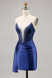 Sparkly Navy Satin Beaded Corset Short Cocktail Dress with Sash