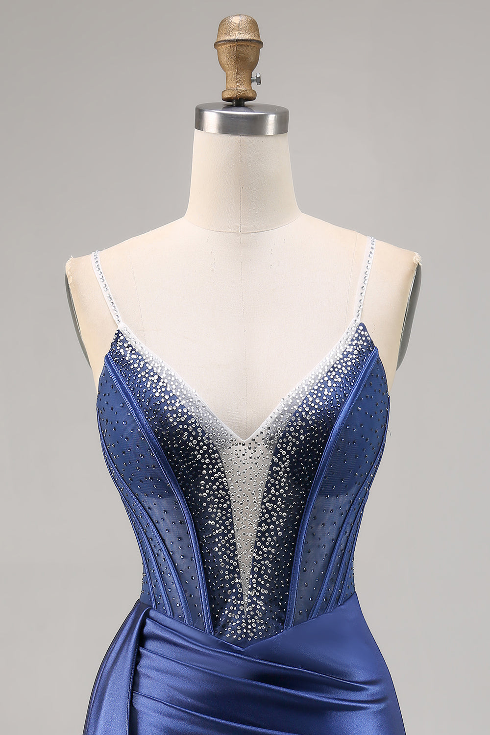 Sparkly Navy Satin Beaded Corset Short Cocktail Dress with Sash