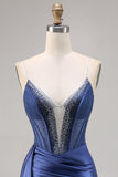 Sparkly Navy Satin Beaded Corset Short Cocktail Dress with Sash